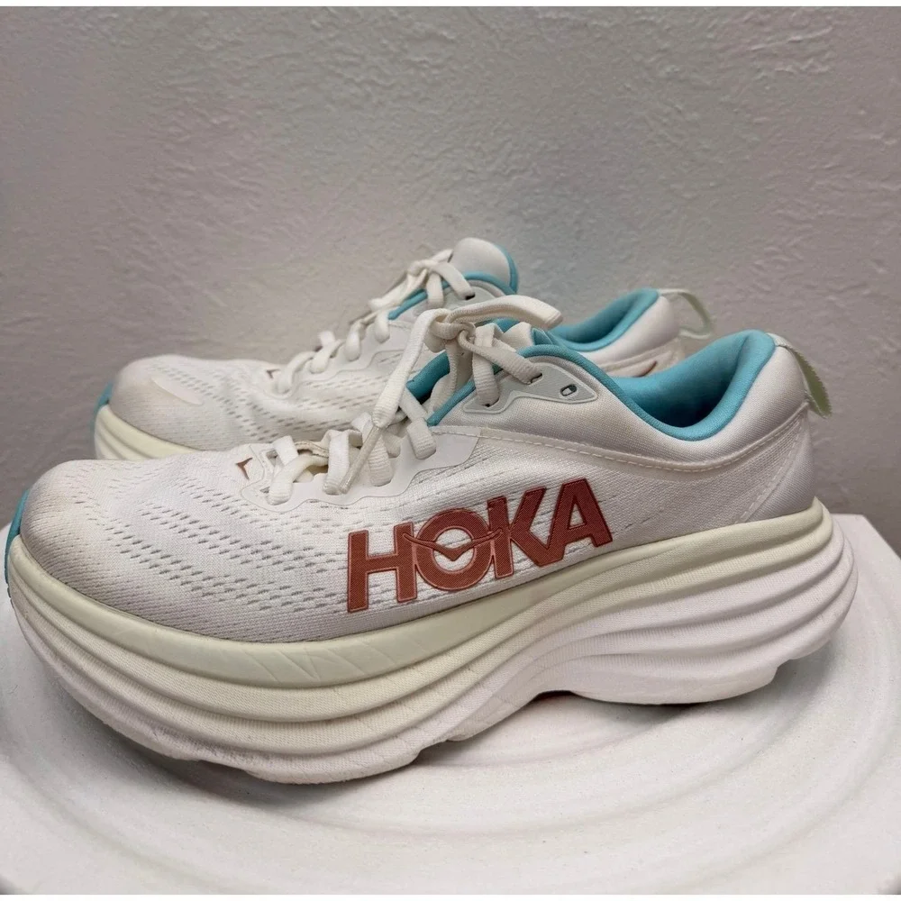 HOKA Bondi 8 Women's Running Shoes White Blue Cushioned Sneakers Size 7B